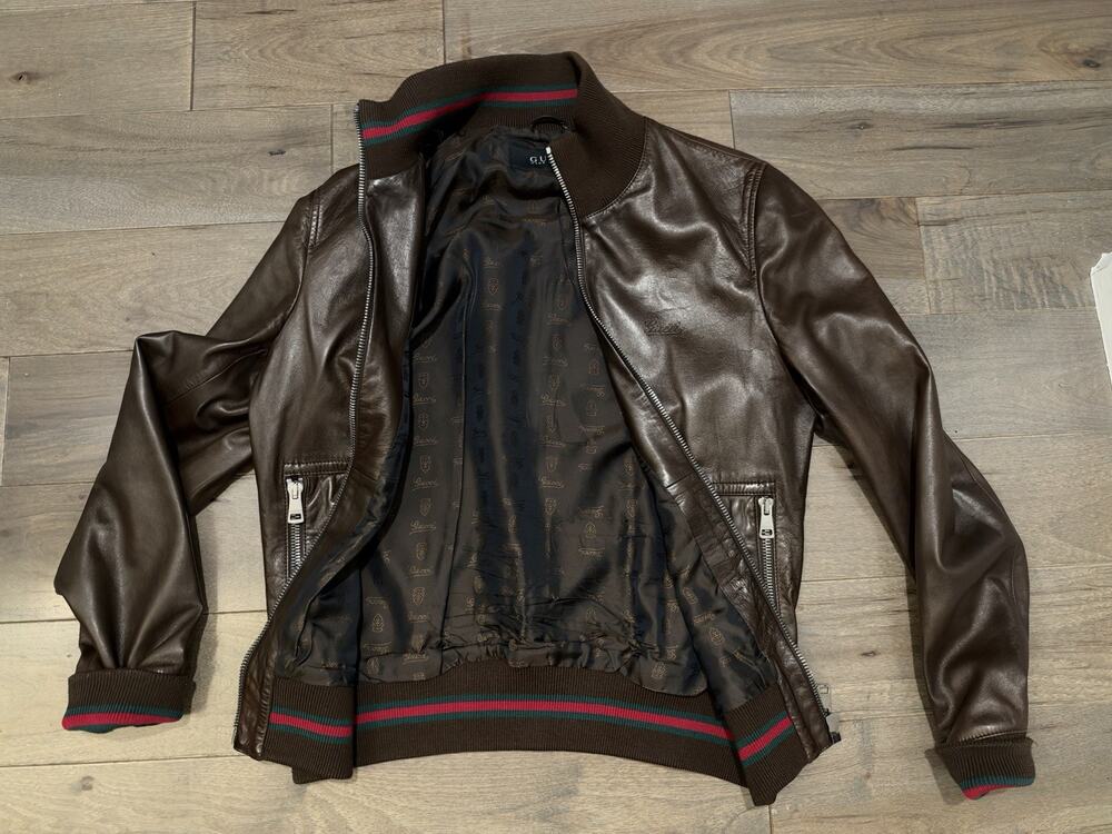 AUTHENTIC GUCCI MEN'S DARK BROWN GENUINE LEATHER BOMBER JACKET SZ 48 (US MED)
